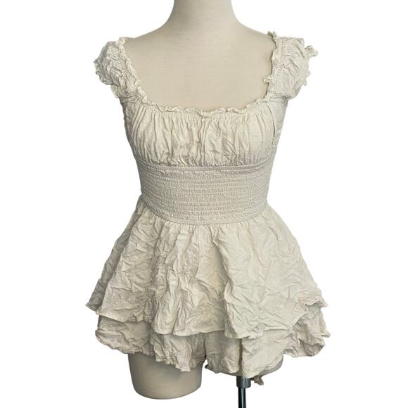 Urban Outfitters Pants - Urban Outfitters White Romper Size SP Ruffle‎ Coquette Cottagecore Smocked Waist